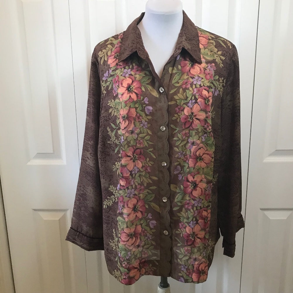 J H Collectibles Brown Floral Paneled Blouse sz 1X